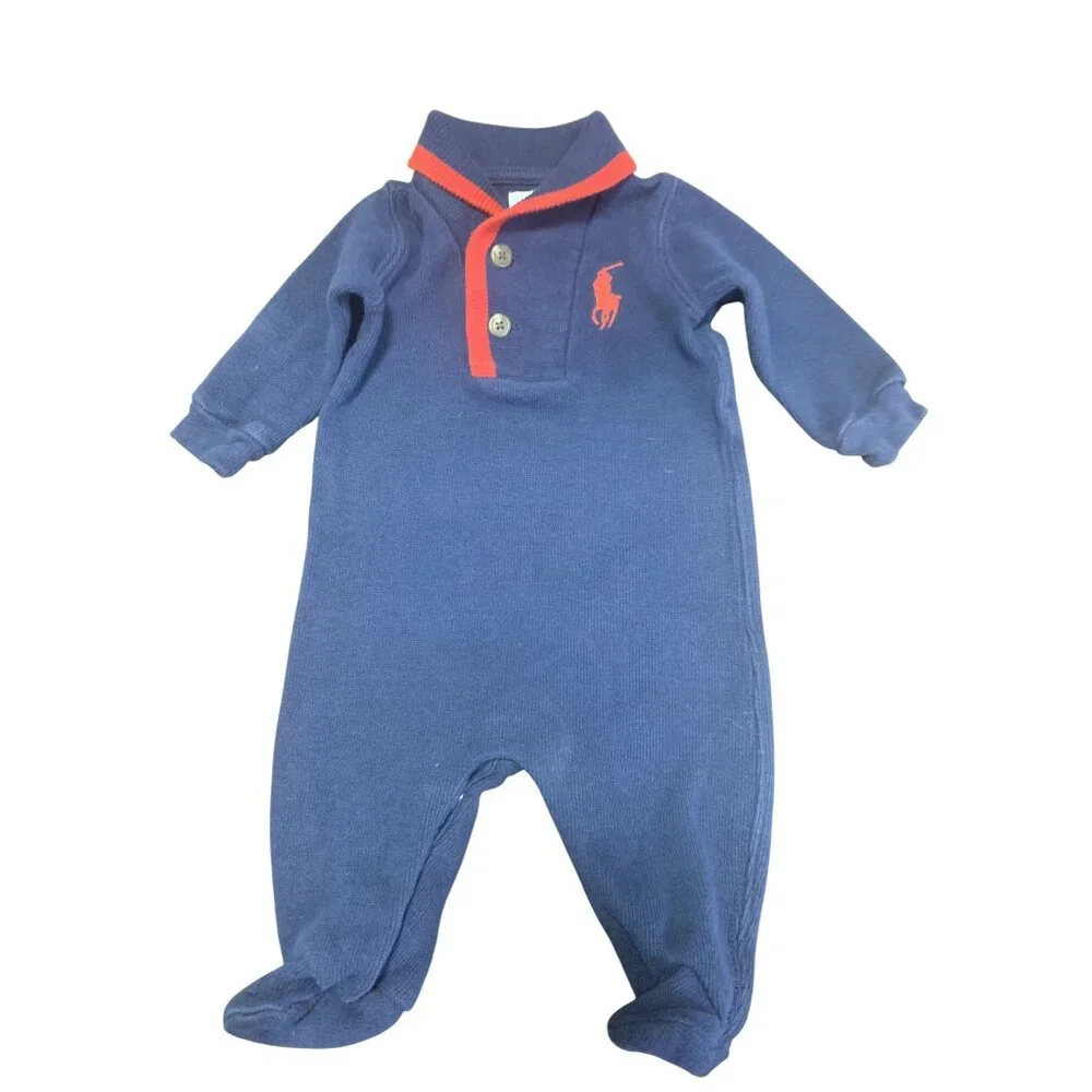 Ralph Lauren 3M Cotton Knit Footed Bodysuit Onesie Cozy Casual
